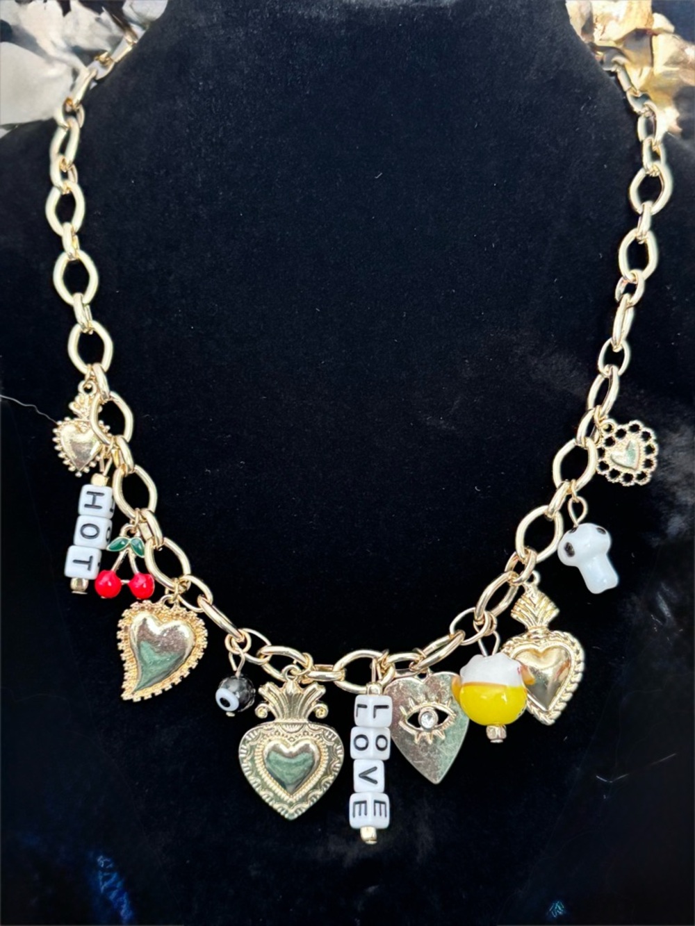 Gold-Tone Charm Necklace with Heart, LOVE & Cherry Accents - Women Jewelry